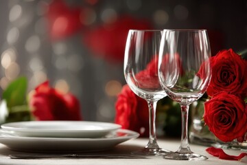 Festive table setting with elegant wine glasses and beautiful red roses on a Valentine's Day background
