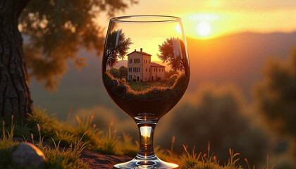 Wine tasting at sunset with a scenic view reflected in a glass of red wine, Seasonal tasting festival promotions, boutique deli advertising, event pop-up marketing

