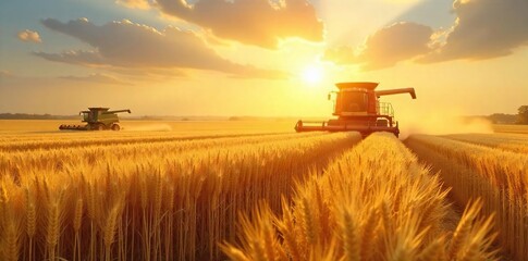 Golden wheat field under a summer sun, ripe for harvest  Combines in the distance, ready for the bountiful yield  A picturesque scene of agricultural abundance , countryside, farming, food production