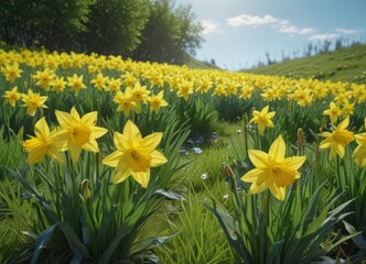 Fototapeta premium A vibrant display of yellow daffodils blossoming in a lush green meadow against a clear blue sky , blossom, blooming, joyful