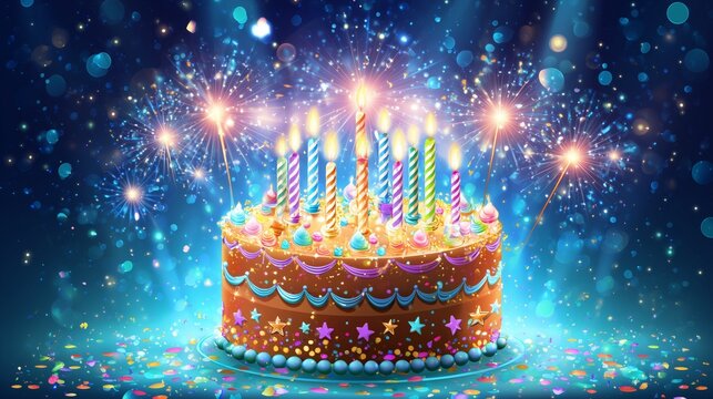 Playful illustrated cake with vibrant icing layers, star-shaped sparklers, and bright candles exploding against a fun confetti background