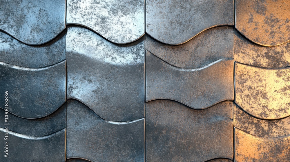 Wall mural textured metallic panels with wavy patterns and light reflection