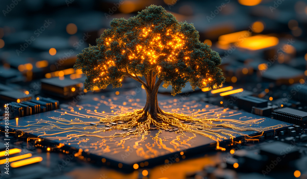 Aufkleber tree with glowing circuits on a chip. a majestic tree with luminous branches sits atop a circuit boa