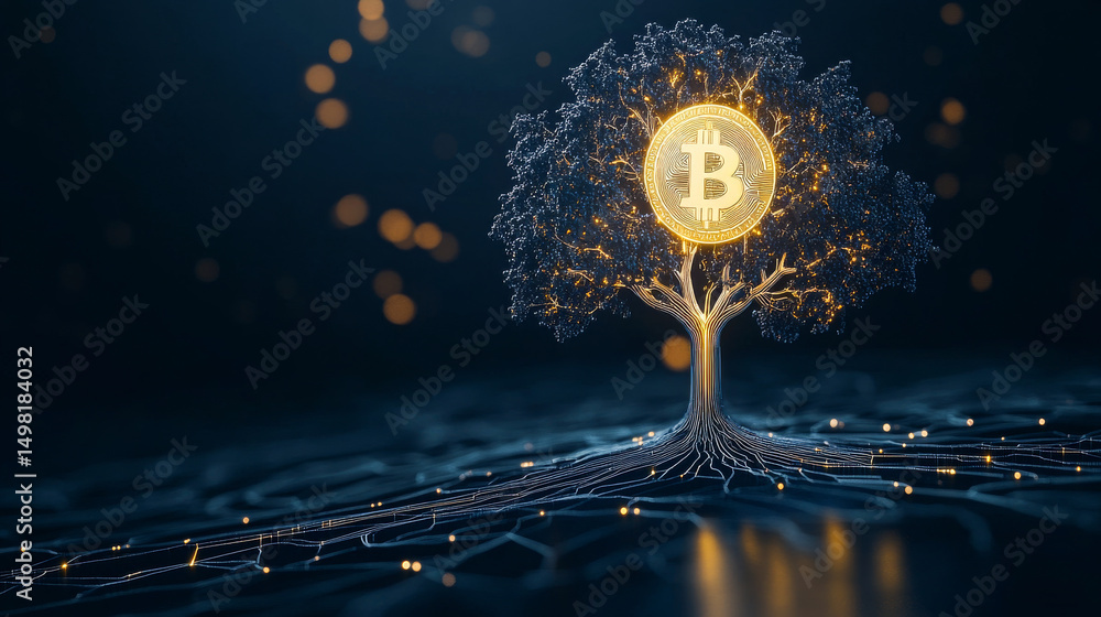 Poster bitcoin tree: symbol of finance. a circuit tree with a glowing bitcoin symbol highlights the blend o