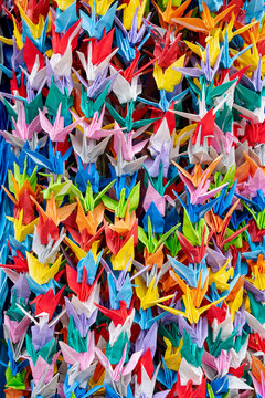 1000 cranes origami created as a prayer for peace on display in Peace Memorial Park, Hiroshima, Japan