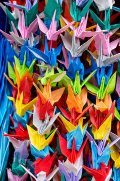 1000 cranes origami created as a prayer for peace on display in Peace Memorial Park, Hiroshima, Japan