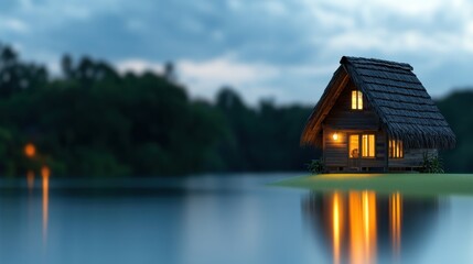 Fototapeta premium A wooden cabin stands alone on a small island in a serene lake at dusk. Warm lights shine from the windows, reflecting gently on the water's surface. Lush greenery surrounds the peaceful setting