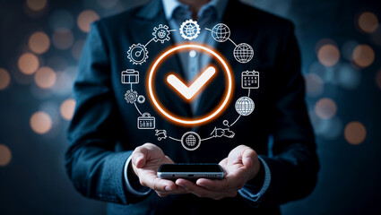 Businessman holding smartphone with glowing checkmark symbol for success and approval