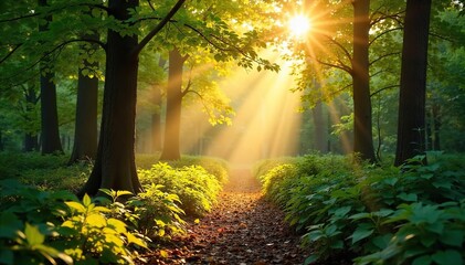 Golden sunlight streams through leaves, dappling the forest floor in warm, vibrant light  Perfect for nature, serenity, and summer themes  ,  ecology,  light,  sunshine