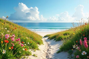 Serene coastal meadow landscape where wildflowers meet the sand, offering a tranquil blend of nature's beauty  Perfect for travel, nature, and serenity themes ,  coastal,  wildflower meadow