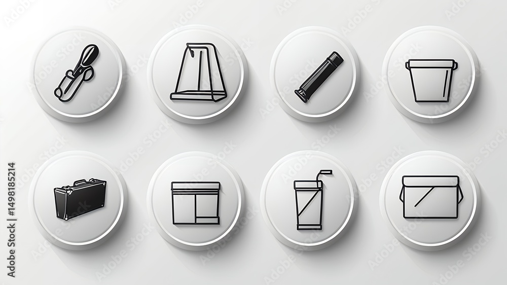 Poster collection of icons on white circular backgrounds showing various items and containers neatly arrang