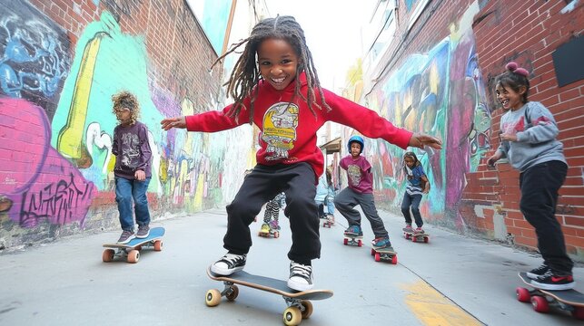 Children skateboarding in a colorful alleyway