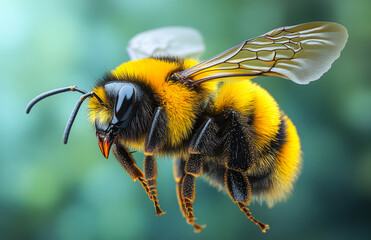 Bumblebee hovering in a lush garden. A bumblebee with vivid yellow and black stripes hovers above colorful flowers in a vibrant garden during sunny weather.