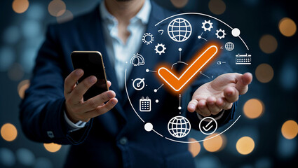 Businessman using smartphone with technology symbols for business verification
