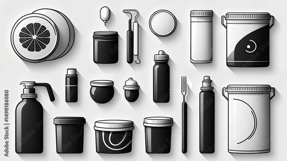 Poster a monochrome illustration of various containers and objects arranged on a white background flat lay