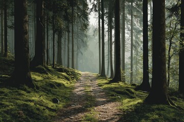 Obraz premium Enchanting Forest Pathway Illuminated by Soft Light Surrounded by Tall Trees and Lush Greenery