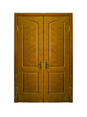 Double wooden doors with symmetrical panels and brass handles are isolated.