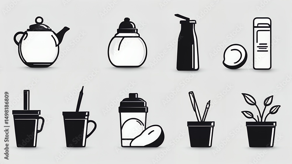 Aufkleber a collection of simple black and white line art icons of various household objects and containers
