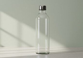 Transparent Glass Bottle with Metallic Screw Cap on a Neutral Green Background, Featuring Elegant Minimalist Design