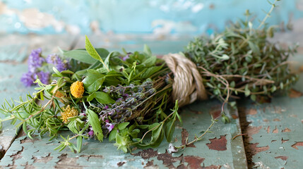 Naklejka premium A bundle of fresh herbs tied with twine resting on a weathered wooden surface with peeling paint