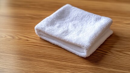 A freshly laundered white towel is folded compactly on a smooth wooden surface, creating a calm and soothing atmosphere perfect for a spa or home setting