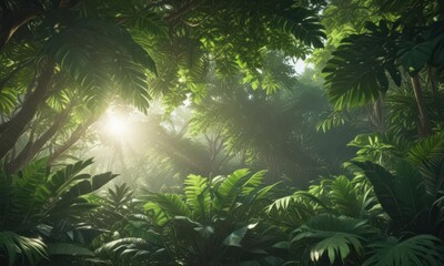 Lush emerald canopy, sunlight dappled through dense tropical leaves ,  foliage,  lush