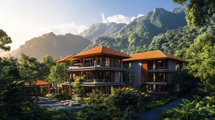 Fototapeta premium Luxury Mountain Resort: Tranquil Escape in Lush Greenery