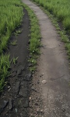 Thick blades of emerald grass push through aged asphalt ,  close-up,  outdoor,  spring