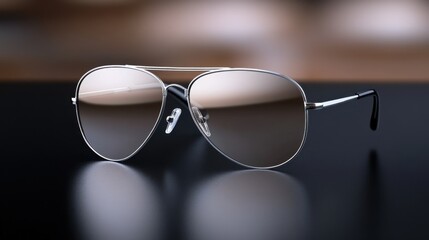 Shiny aviator sunglasses are elegantly positioned on a polished black surface. The soft lighting highlights their sleek design and reflective lenses, capturing attention effortlessly