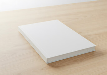 Blank White Hardcover Book Placed on Wooden Surface, Perfect for Mockups and Design Concepts