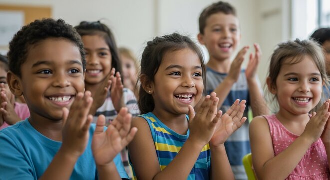 Group of international friends children, clapping hands indoor. Applause together, success and entertainment. Happy kids, childhood. Selective focus