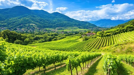Fototapeta premium Scenic Vineyard Landscape with Rolling Green Hills and Blue Sky