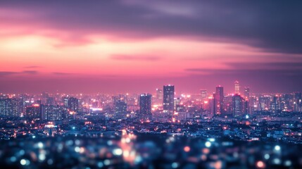 Obraz premium Stunning Cityscape at Dusk with Vibrant Sky and Glowing Lights