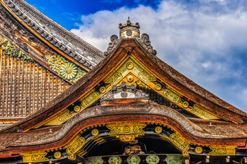 Colorful entrance, Nijo Castle, Kyoto, Japan. Completed in 1626 by Tokugawa Shoguns. Chrysanthemum is a symbol of Imperial Court.