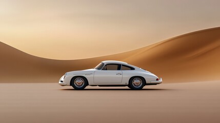 Fototapeta premium A vintage sports car is parked on golden sand dunes under a stunning sunset. The warm light enhances the curves of the car and the vast desert landscape, creating a serene atmosphere