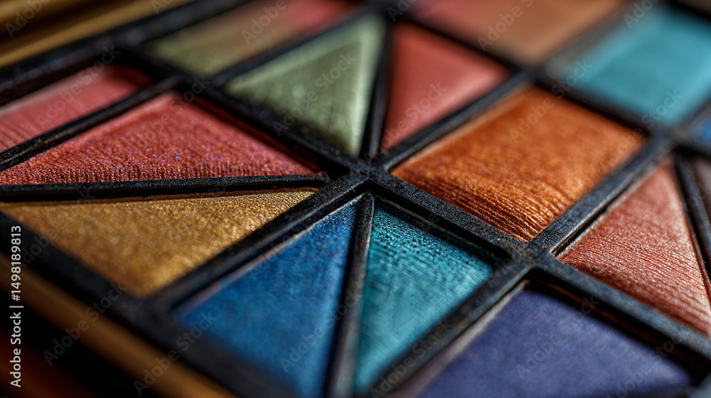 Poster close up of a colorful eyeshadow palette with various shades and a black grid pattern visible on the