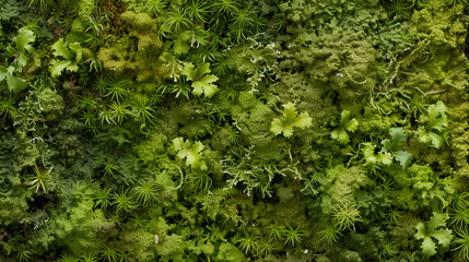 Obraz premium A dense and textured surface of various green mosses and lichens covering a natural substrate entirely