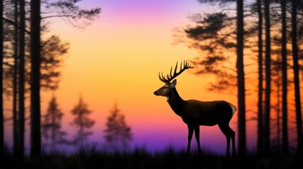 Naklejka premium A regal deer stands still among tall trees, framed by a breathtaking sunset featuring shades of purple, pink, and orange. The tranquil atmosphere captures nature's beauty