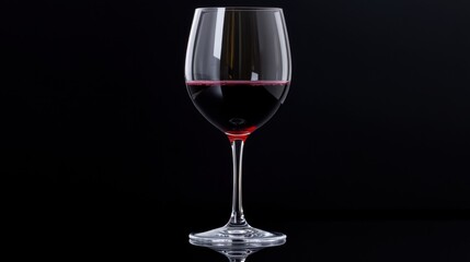 A crystal-clear wine glass captures the rich crimson hue of red wine, illuminated against a dark background, suggesting a luxurious evening drink experience