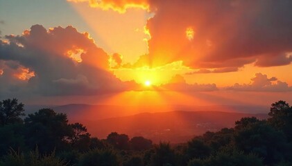 Fototapeta premium Golden hour sunrise rays bursting through clouds, illuminating the landscape with a warm, vibrant glow Perfect for nature, travel, and inspirational projects , radiant, atmosphere