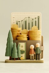 Illustration showing retirement concepts with wallet, investments, and elderly couple