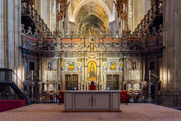 Interiors of Seville gothic cathedral in Andalusia, Spain