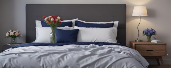Serene king-size bed, navy bedding, bedside table holding a vase of fresh flowers , still life, vase