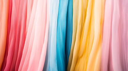 Beautiful and soft pastel colored fabrics hang vertically creating an artistic and elegant background scene.