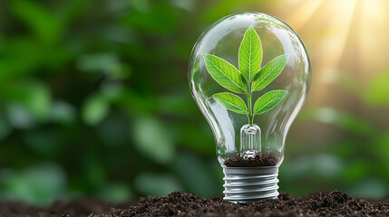 A lightbulb contains a small leafy green plant growing in the dirt symbolizing sustainable energy solutions.