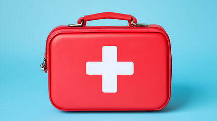 Obraz premium A red first aid kit with a white cross symbol sits against a solid light blue background for emergencies.