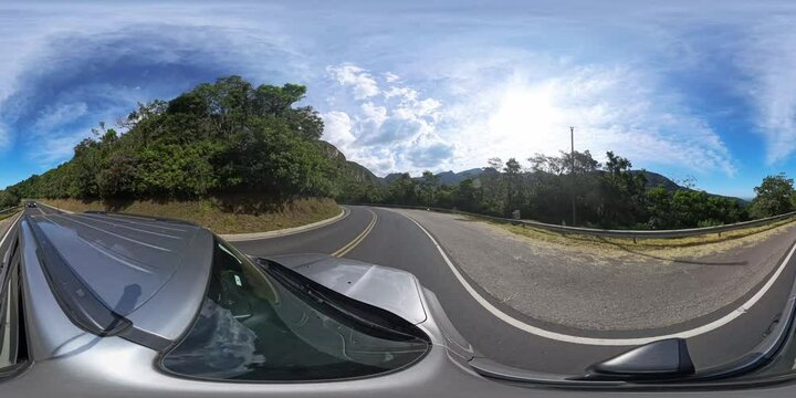 360 VR panorama from top of a car moving in Brazilian mountains