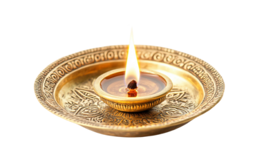 Detailed view of glowing diya light mirrored on shiny brass plate in warm ambient setting Isolated on Transparent Background PNG