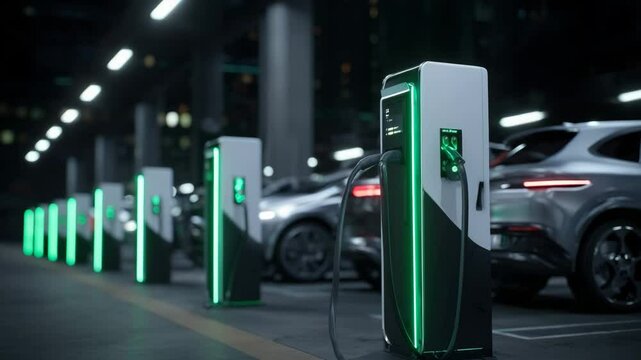 Row of sleek silver electric vehicles connected to glowing green charging stations in underground garage at night. Concept of sustainable transportation and clean energy