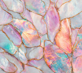 Mother-of-Pearl Iridescent Shell Texture Ocean Nature Gold Abstract Surface Colors Background Marine Luminous Reflective Pastel Light Artistic Design Pattern Closeup Organic Luxurious Shimmer
